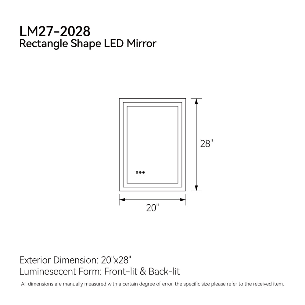 20"*28"LED Bathroom Mirror,Front-Lit and Back-Lit, Stepless Dimmable, 3 Colors CRI90+, Brightness Memory, Shatter-Proof,Anti-fog LED Vanity Mirror, IP44 Waterproof