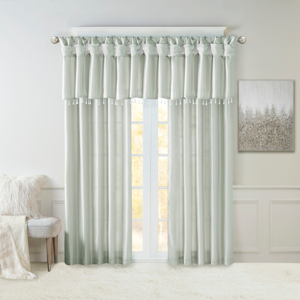 Lightweight Faux Silk Valance With Beads Dusty Aqua 50x26"