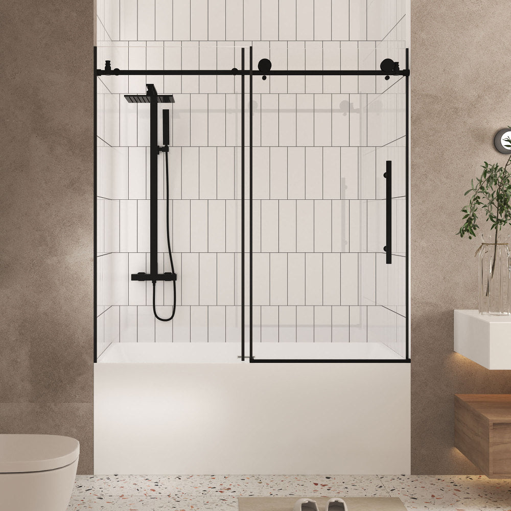 Frameless shower door 56-60 "W x 60" H, 1/4 "(6 mm) Clear Tempered Glass, Explosion Proof Film, Stainless Steel Handle, Matte Black