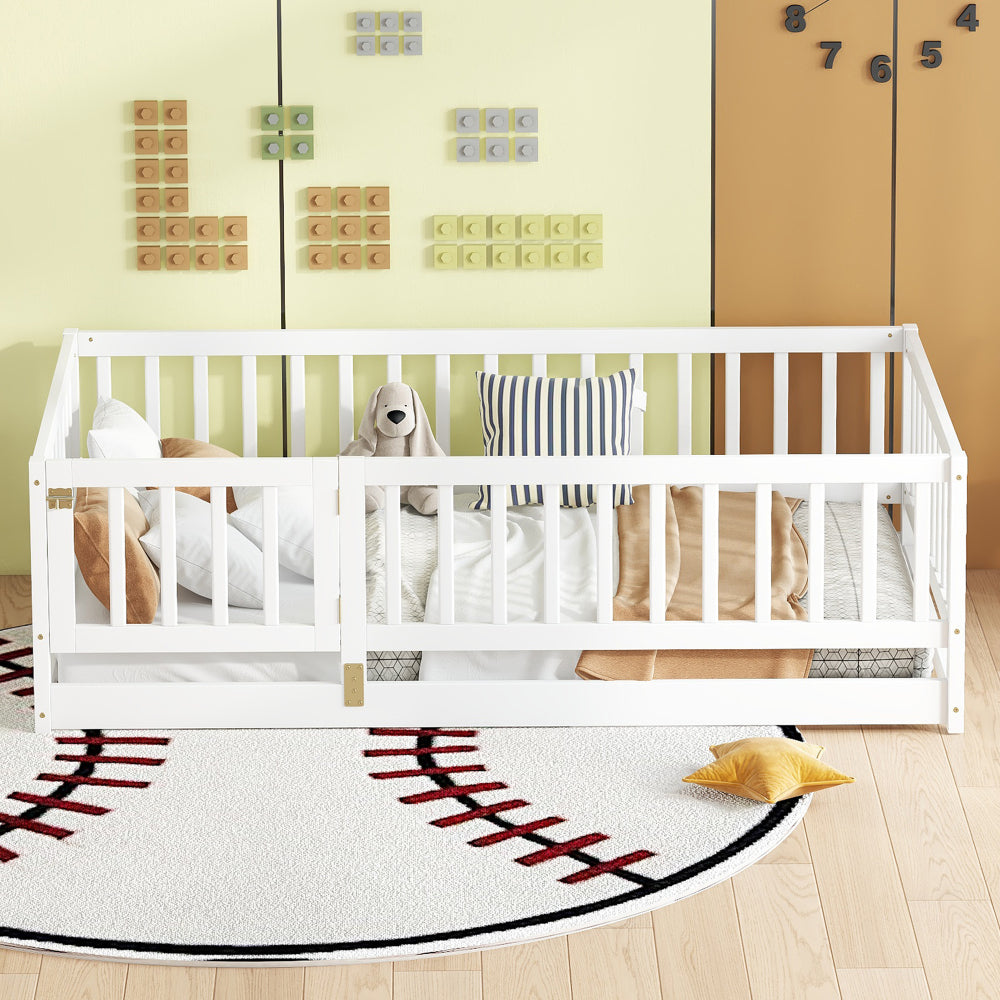 Twin Size Floor Bed with Slats, Montessori Floor Bed with Fence and Door, Kids Montessori Bed Twin Size, Wood Montessori Floor Bed for Kids, Girls, Boys(Twin White)