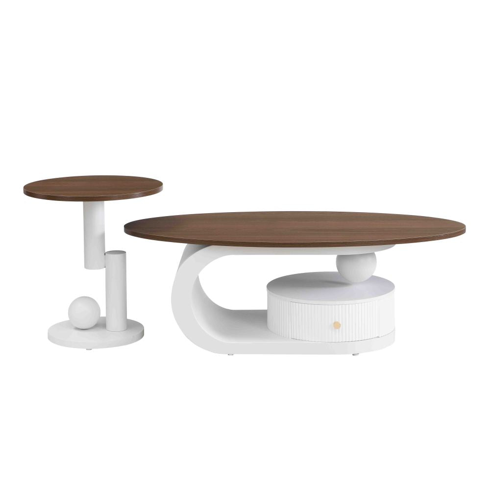Luxury Nesting Coffee Table Set of 2,  Tables with Storage for Living Room, Oval and Round Table Set, White Center Table, Cocktail Table, Side Table,  Large 47.24'', Small 19.69''