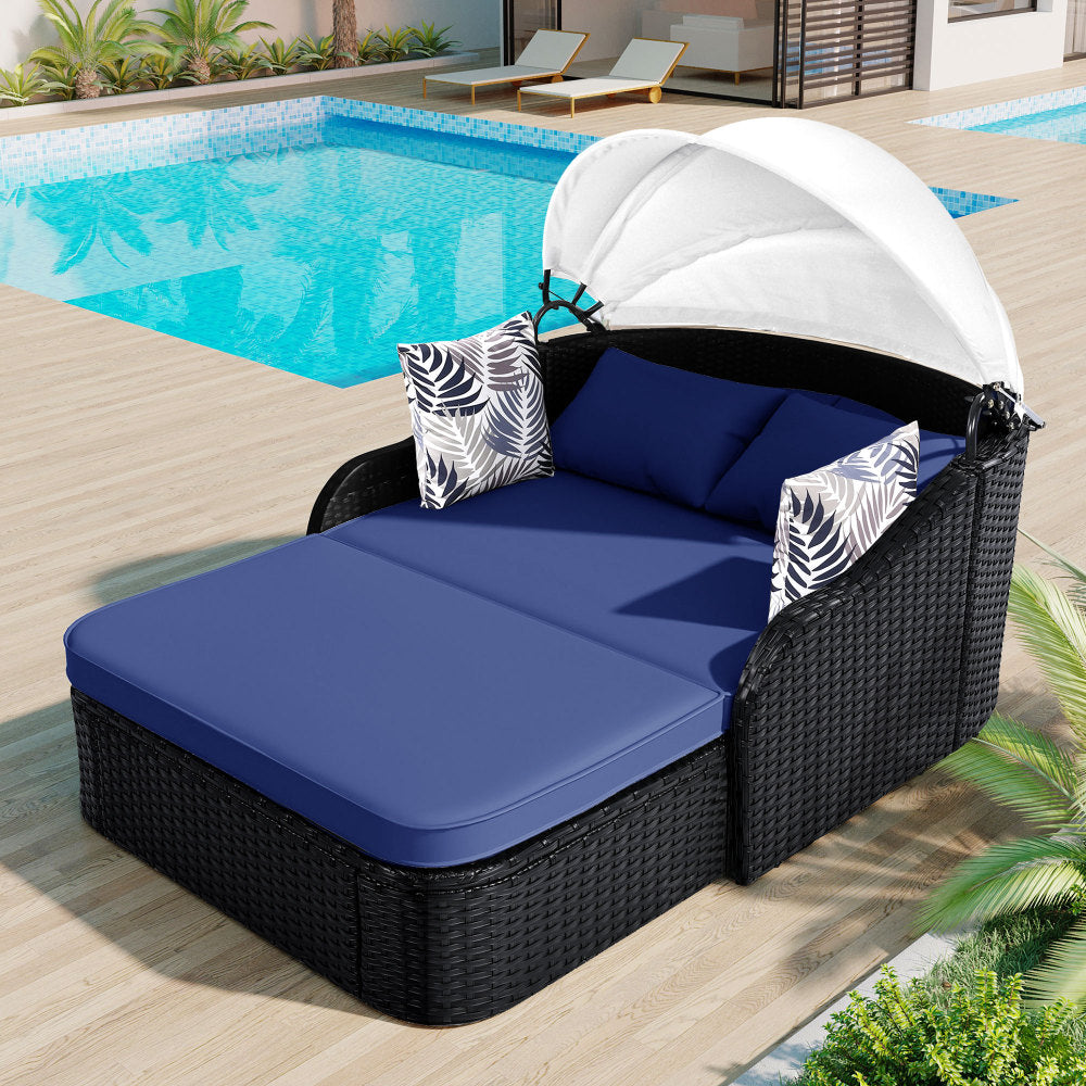GO 79.9" Outdoor Sunbed with Adjustable Canopy, Double lounge, PE Rattan Daybed, Black Wicker and Blue Cushion
