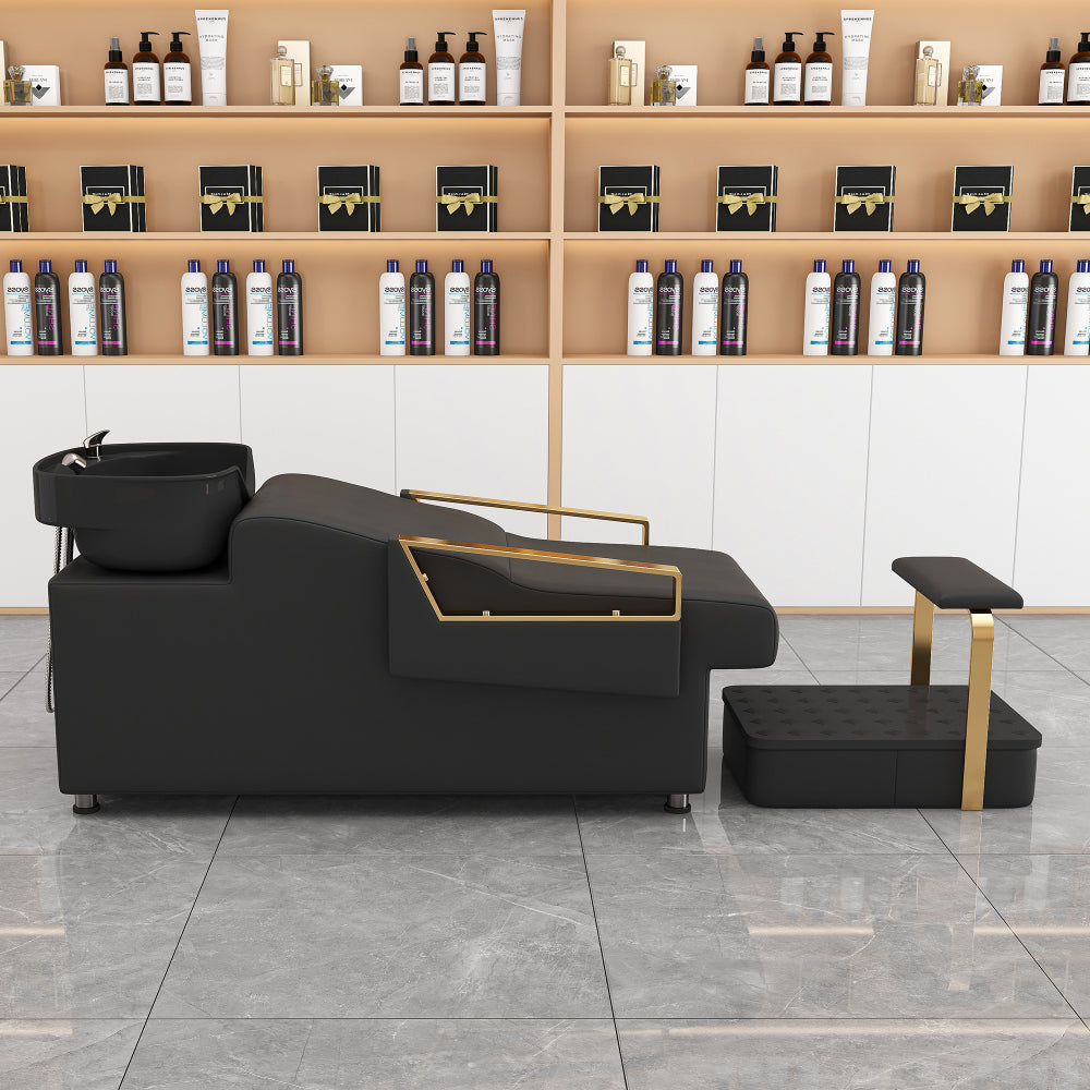 Shampoo Bowl and Chair Set for Salon, Hair Washing Station for Hair Stylist, ABS Shampoo Bowl Sink Chair with Independent Footrest for Spa Beauty Barbershop(Black+Gold)