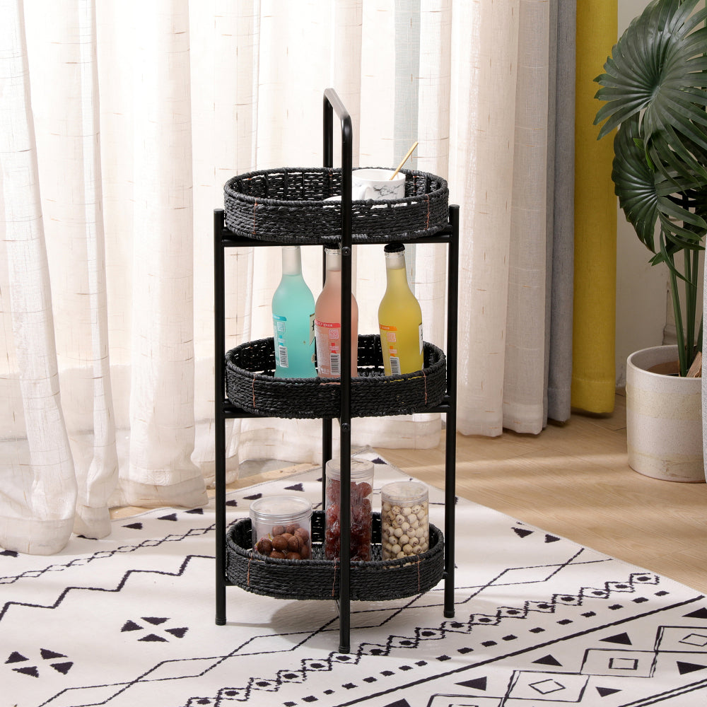 Small Handwoven Side Tables 3-Tier Oval Organizer Portable Storage Shelf  for Kitchen, Living Room, Bedroom, Balcony, Picnic (Black)