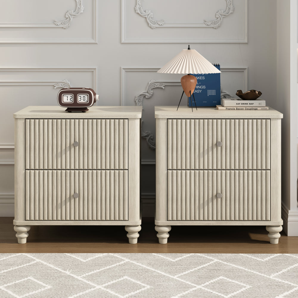 Fluted Nightstand, 21.65" Wide Side Table with 3 Drawers, Mid Century Modern Wood NightStand with Metal Handle, Wooden Bedside End Table for Bedroom, Living Room, Closet, Beige
