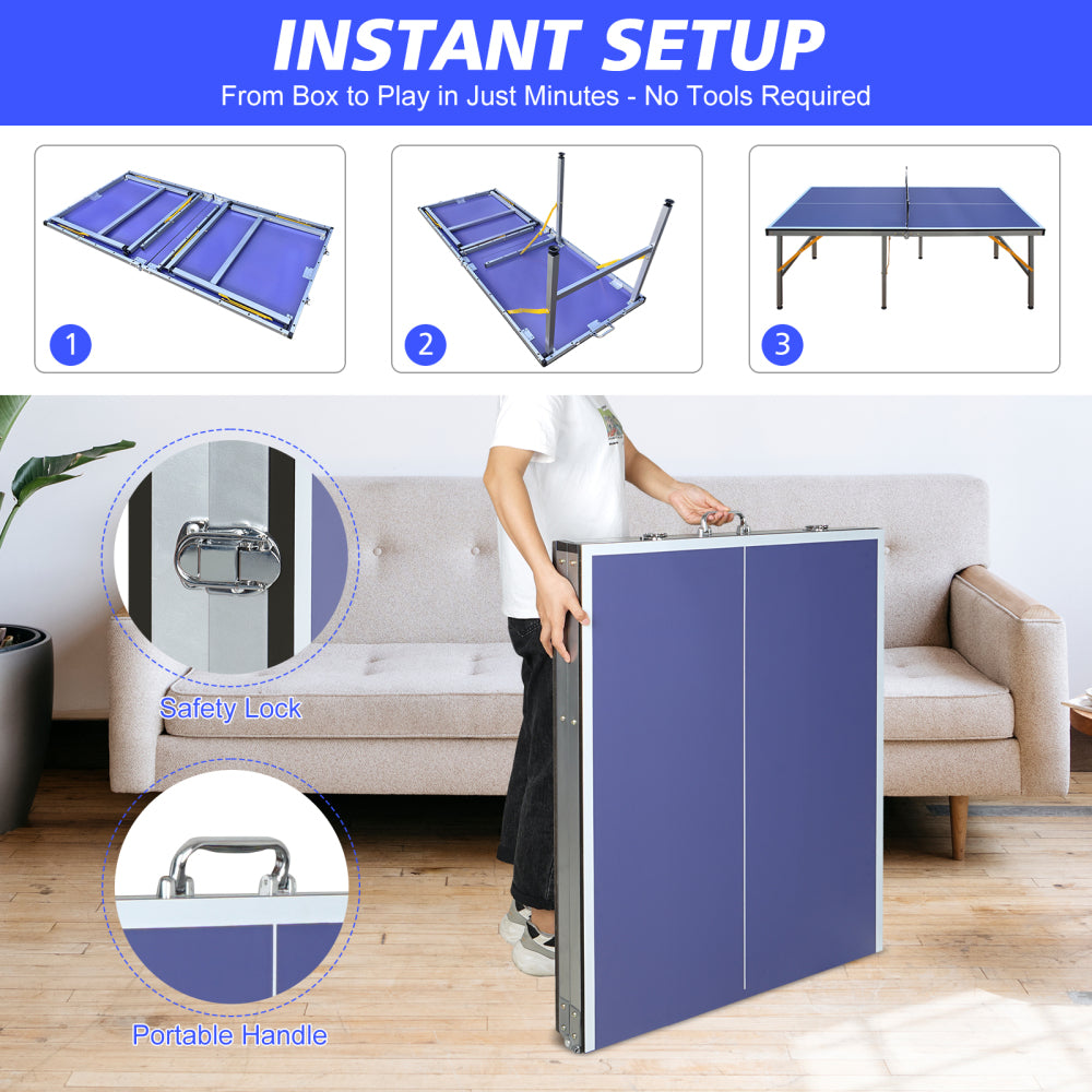 5ft Mid-Size Table Tennis Table Foldable & Portable Ping Pong Table Set for Indoor Games with Net, 2 Table Tennis Paddles and 3 Balls