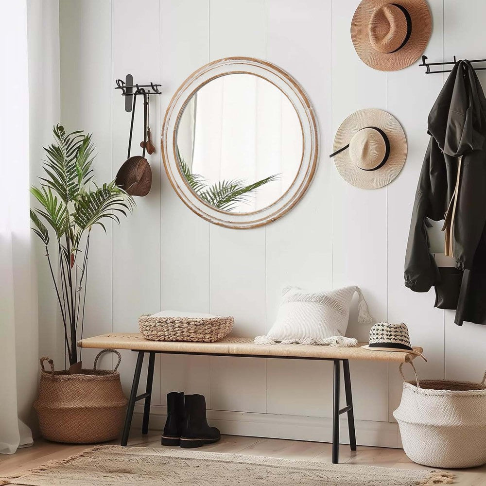 23.62 inches Round Wall Mirror for Bathroom Vanity, Wooden Farmhouse Circle Mirrors for Bedroom, Entryway, Living Room, Kithen Whitewash Edge Decorative Mirror for Home, Office