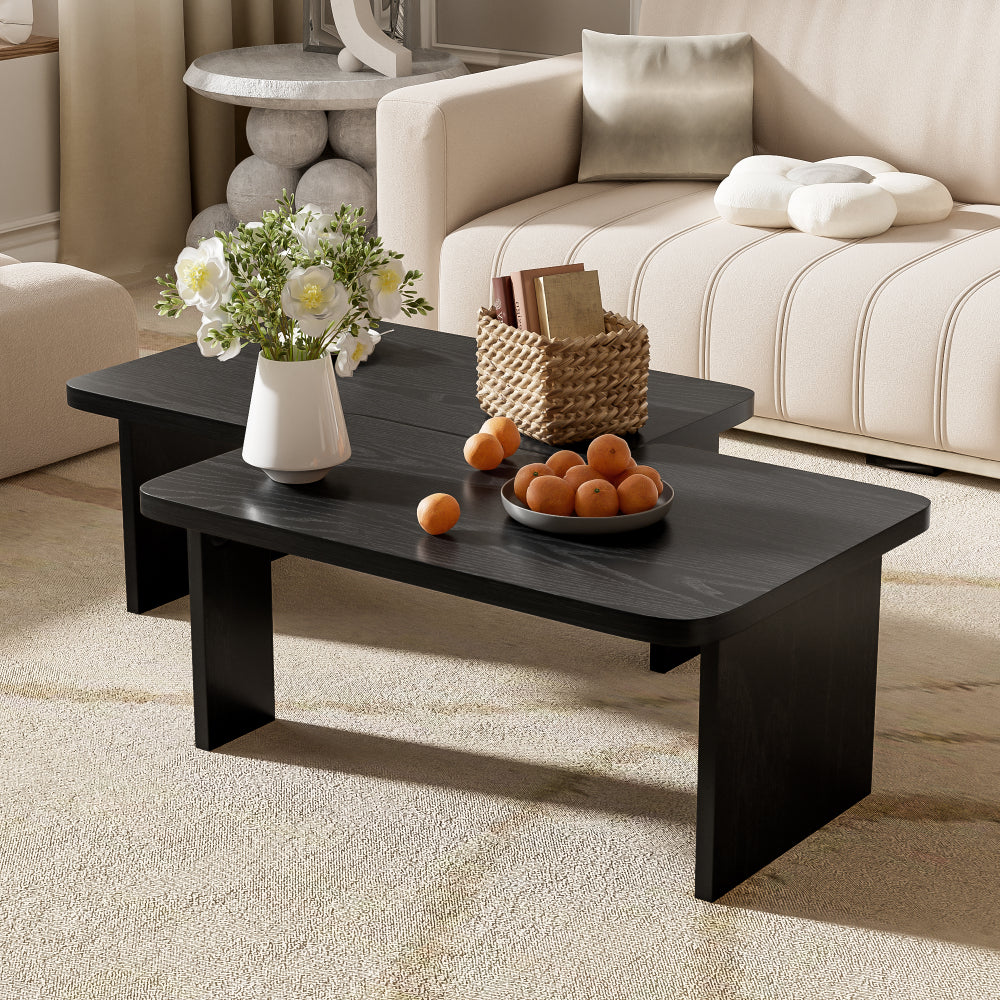U-Can Set of 2 Nesting Coffee Tables Farmhouse,Rectangle Coffee Table Living Room,Wood Finish Coffee Table Set, Small Coffee Tables, Sofa Side Table for Living Room