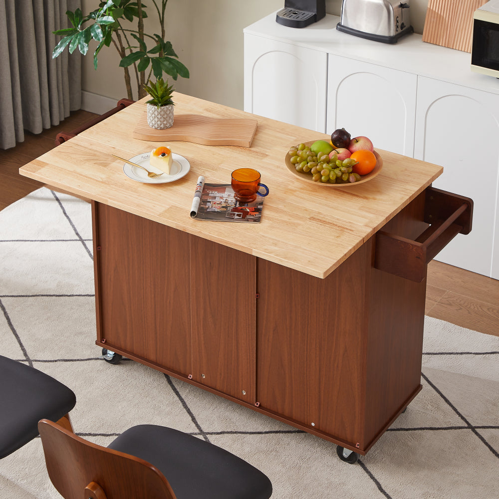 54 inch Portable Wooden Kitchen Island Cart Large Capacity with 3 drawers Drop-Leaf Table Spice Rack & Towel Rack for Small Spaces.