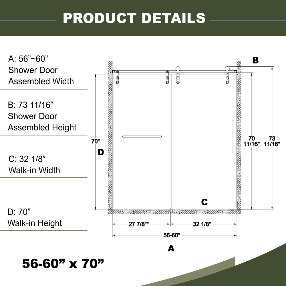 56"-60"W x 70"H Frameless Shower Door, Sliding Shower Door, Premium 5/16"(8mm) Thick Tempered Glass Shower Enclosure with Towel Bar ,Double Side Easy Clean Coat,Brushed Nickel Finished With Buffer