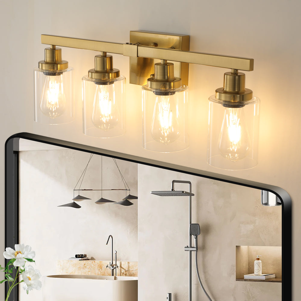 24" Golden 4-Light Vanity Light with Clear Glass Shades, Modern Iron Metal Bathroom Wall Fixture for Mirror, Ideal for Bathroom and Dressing Table (No Bulbs)