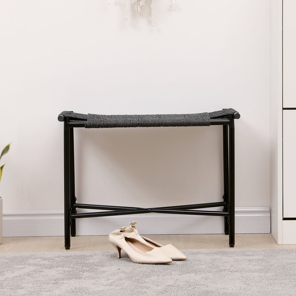 Foot Rest Shoes Stools Handwoven Paper Rope Ottomans for Entryway, Living Room, Bedroom & Office (Black)