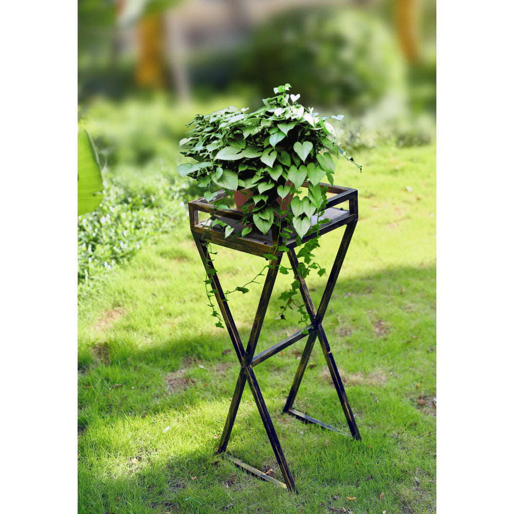 35.5" Gray Stone Slab Black / Gold Metal Plant Stand