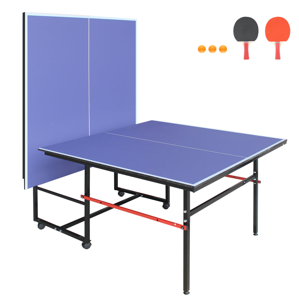 8ft Mid-Size Table Tennis Table Foldable & Portable Ping Pong Table Set for Indoor Games with Net, 2 Table Tennis Paddles and 3 Balls