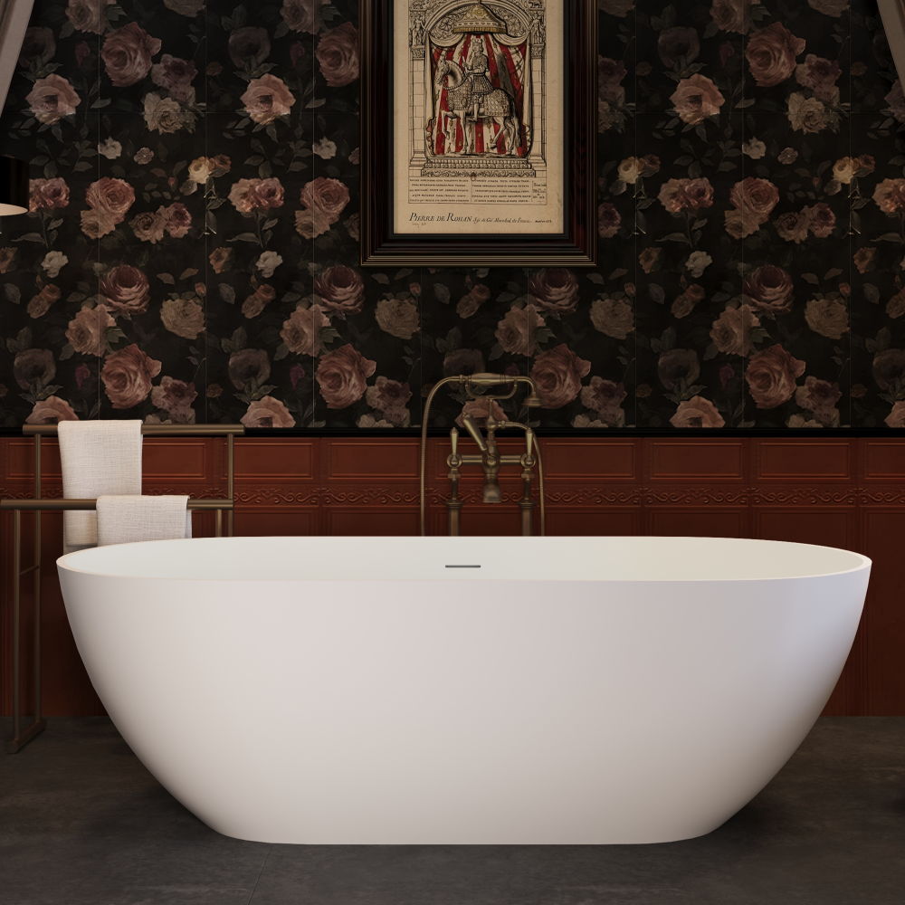 69" Freestanding Solid Surface Bathtub, Luxury Handcrafted Stone Resin Freestanding Soaking Bathtub with Overflow and Pop-up Drain, Matte White 24S03-69MW