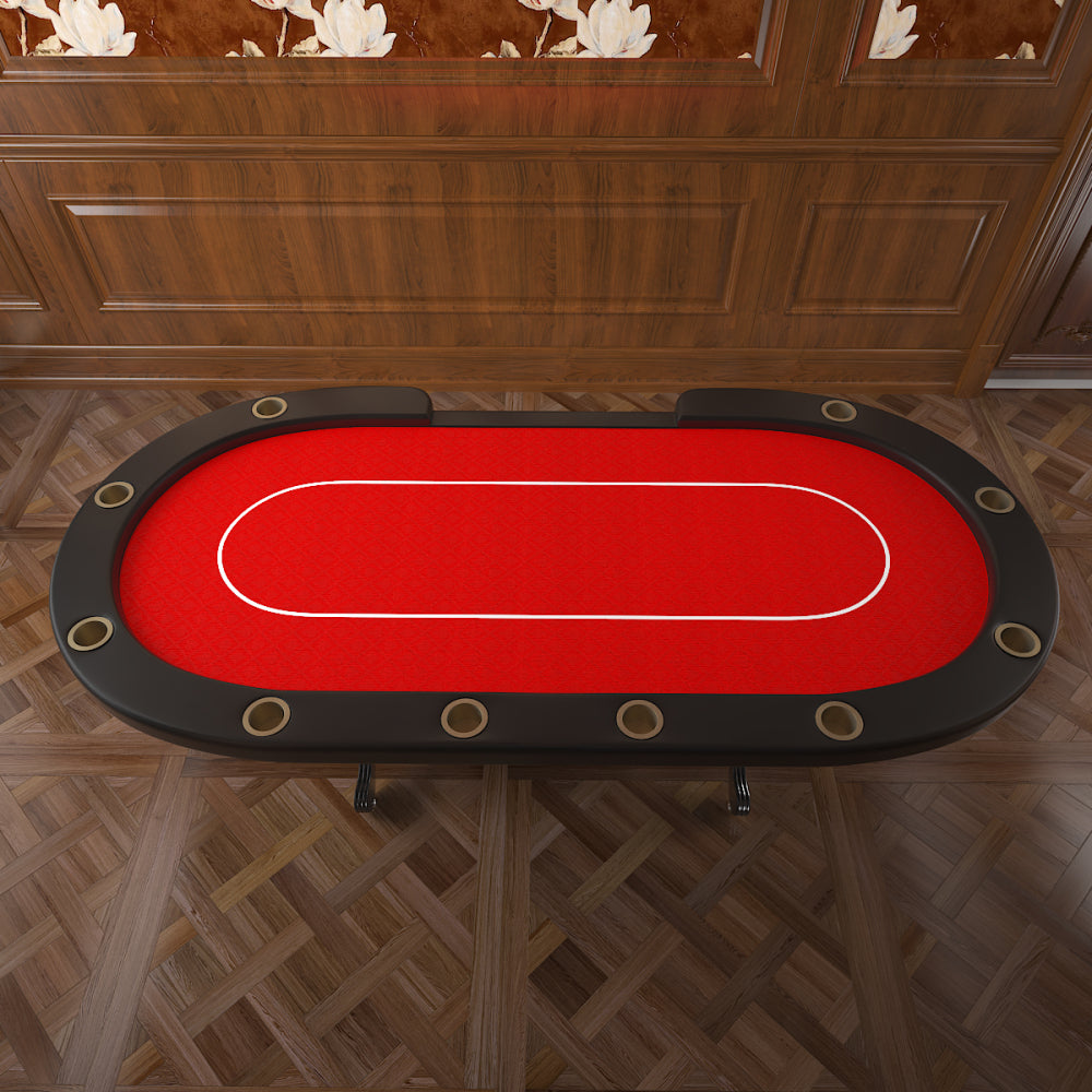 96" Oval Aura Poker Table for 10 Players Texas Holdem Poker Card with Bet Line Felt Surface Jumbo Cup Holders Red