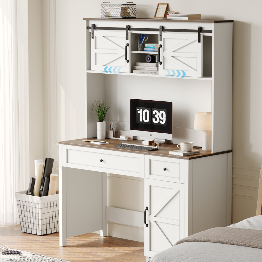 47" Farmhouse Executive Desk with Drawers, Wood Home Office Desk w/Charging Station, File Drawer, Storage Cabinet, Rustic Computer Writing Desk. White 47.24''W x 19.69''D x 67.91''H.