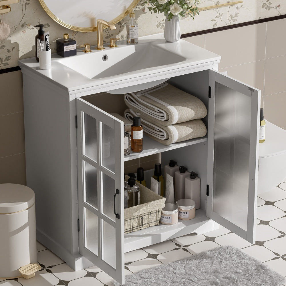 30" Modern Bathroom Vanity with Ceramic Sink, Bathroom Vanity Cabinet with Tempered Blurred Glass and Matte Black Handles, Equipped with Large Storage Space and Rubber Wood Frame, White
