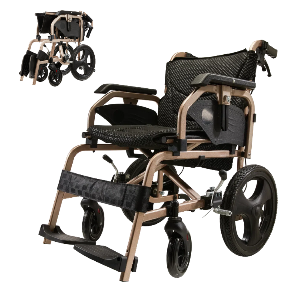 Foldable lightweight wheelchair. Equipped with double hand brakes. Adult wheelchair. Weighs only 27 lbs. Reversible and height adjustable armrests (15" rear wheels). Color Champagne gold