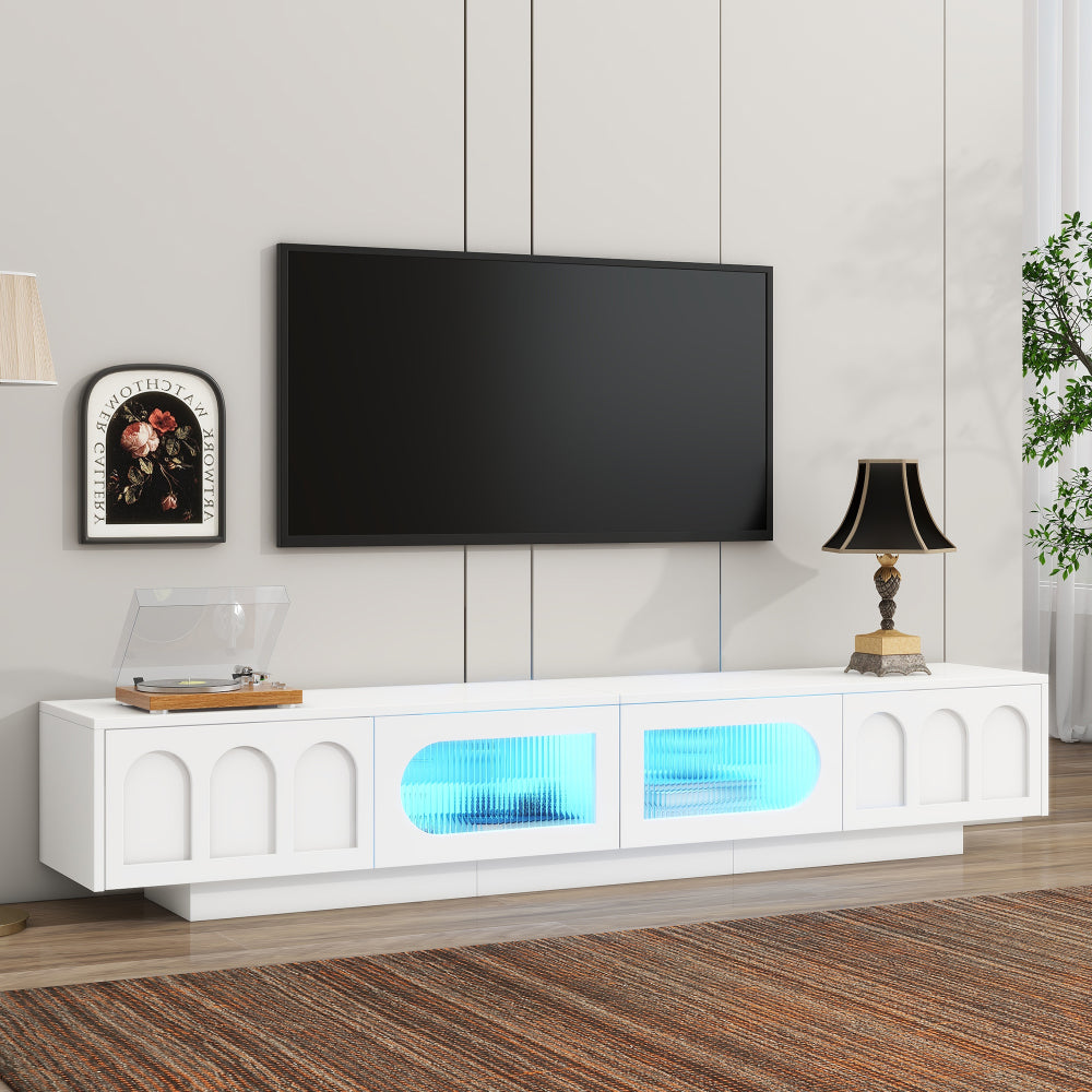 ON-TREND TV Stand with Fluted tempered Glass Doors for TVs Up to 95'', Functional Media Console with Arched Cabinet Doors, Entertainment Center with APP-Controlled LED Light for Living Room, Black