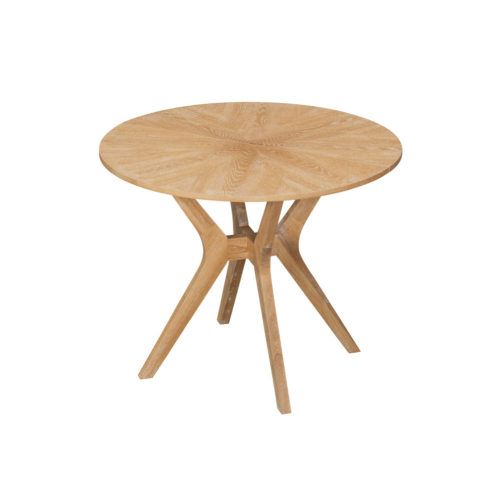 Mid-Century Modern 39.4" Round Dining Table with Intersecting Wooden Legs, Rubberwood & Plywood Construction, Oak Veneer Finish