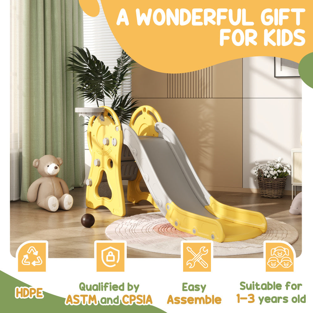 Qaba Toddler Slide, 3 in 1 Slide for Kids Ages 1-3 Years, Indoor Slide with Basketball Hoop, Climber, Duck Pattern, Yellow