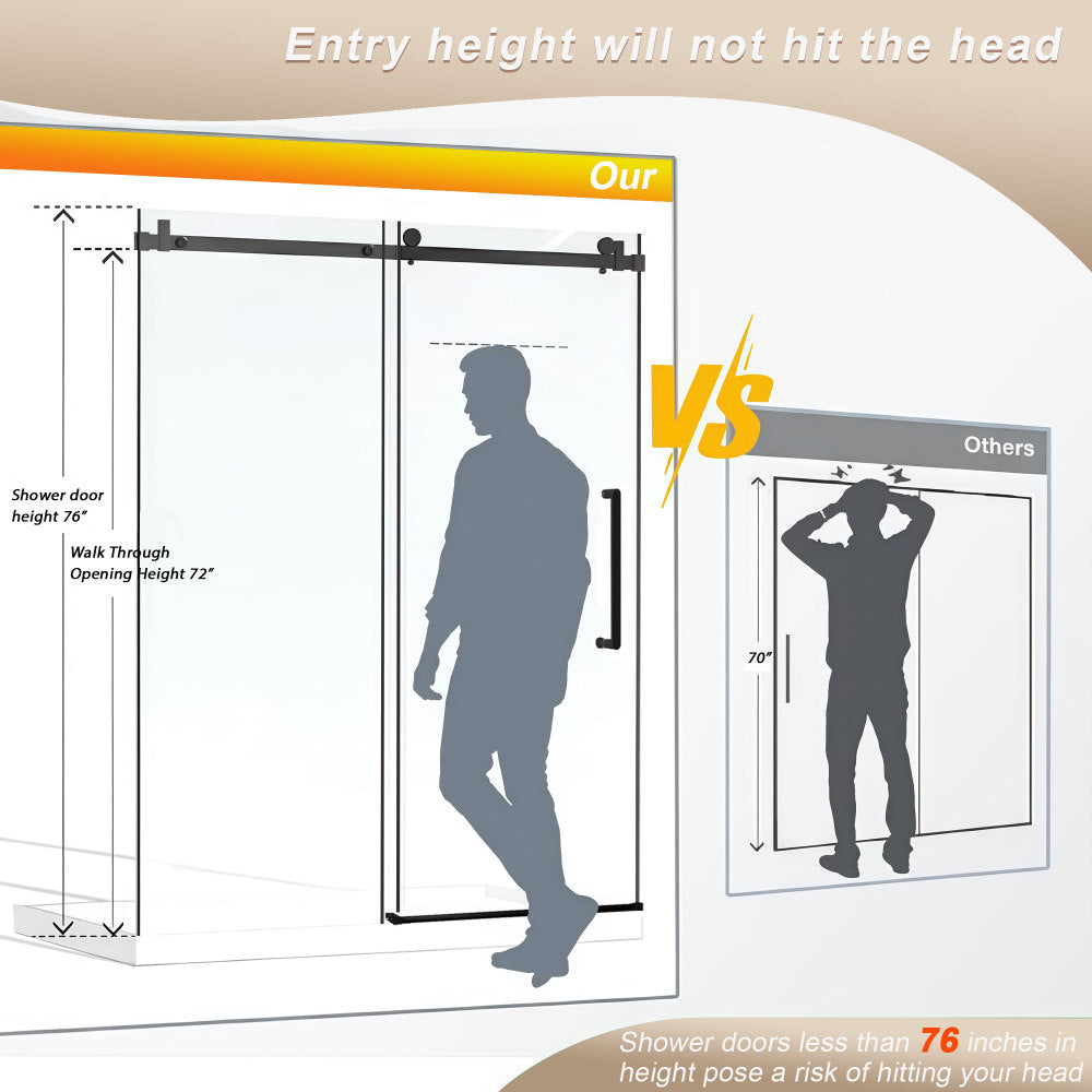 Frameless Single sliding shower door  56-60 "W x 76" H, 1/4 "(6 mm) Clear Tempered Glass, Explosion Proof Film, Stainless Steel Handle Square Tube Track ,Matte Black