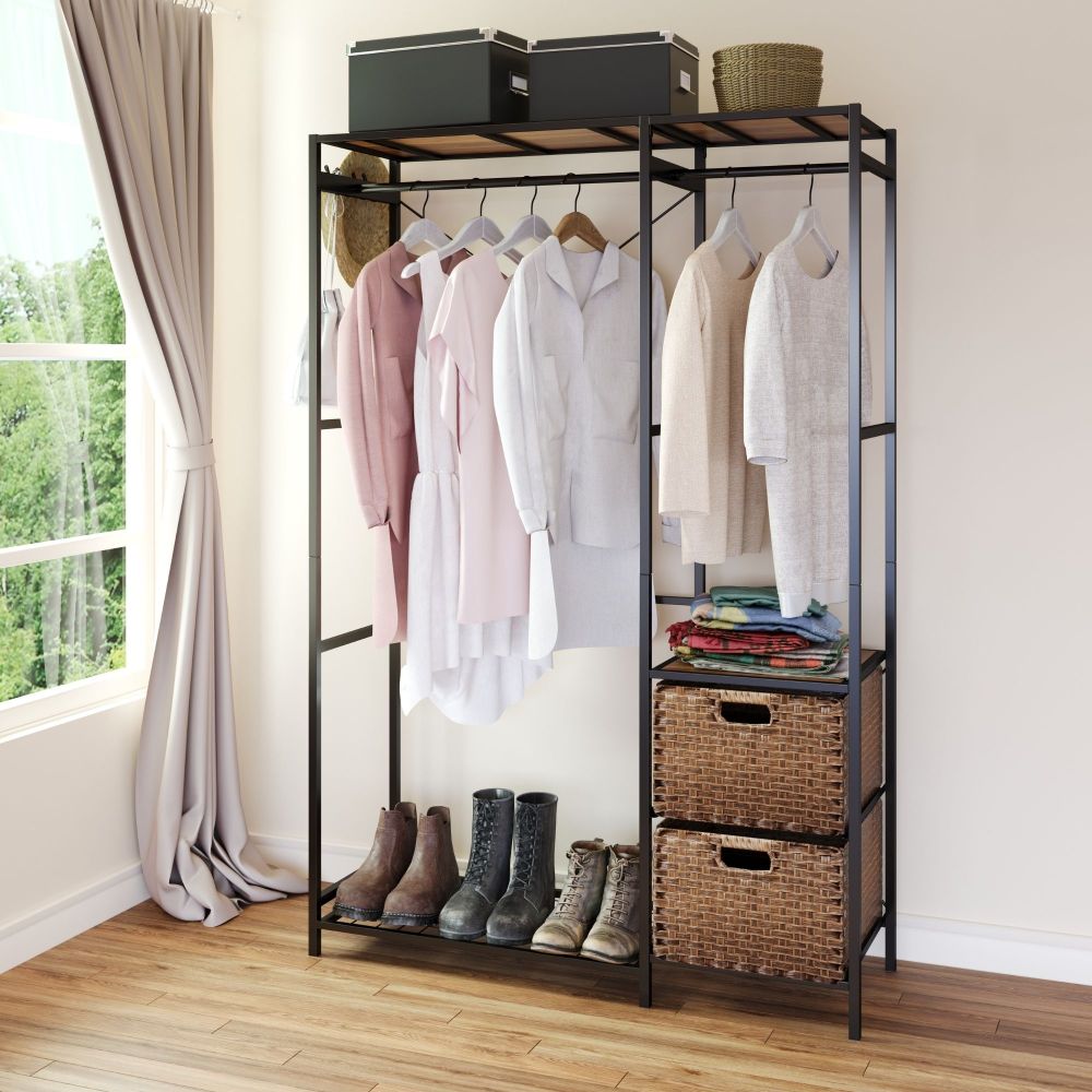 Acacia Wood Garment Racks with Shelves 2 Wicker Drawers and 4 Hooks Heavy Duty Closet Organizer for Hanging Clothes, Freestanding Closet Wardrobe Rack, Vintage Brown