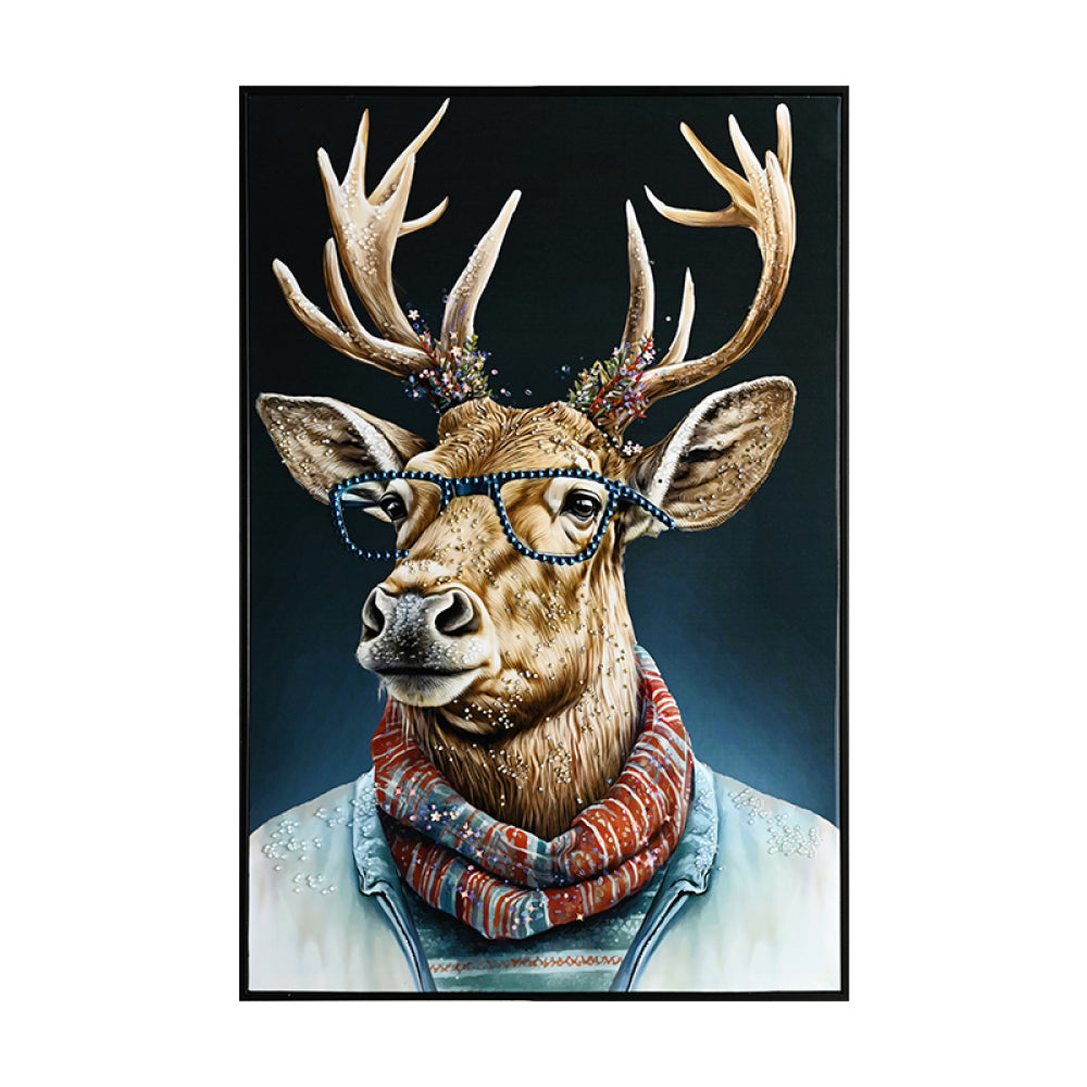Vintage Deer Canvas Wall Art with Glasses and Scarf Animal Portrait British Countryside Home Decor Premium Gallery Wrapped Art Print for Study Room Living Room decorative picture painting