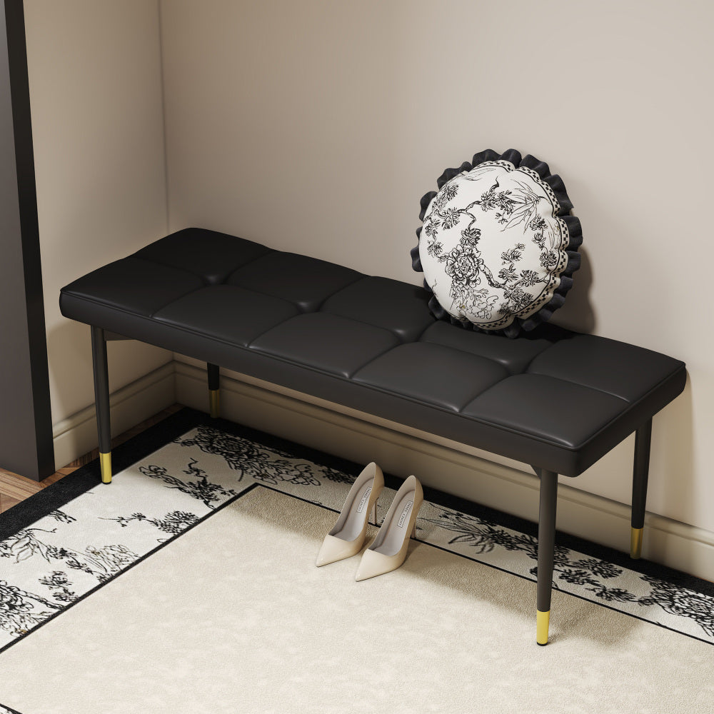 47*16 Inch Multifunctional Black Shoe Bench - Faux PU Cushion, Sturdy Metal Legs With Gold Accents.Suitable For Bedroom,Fitting room, Storage room, Dining room, and Living room,etc.