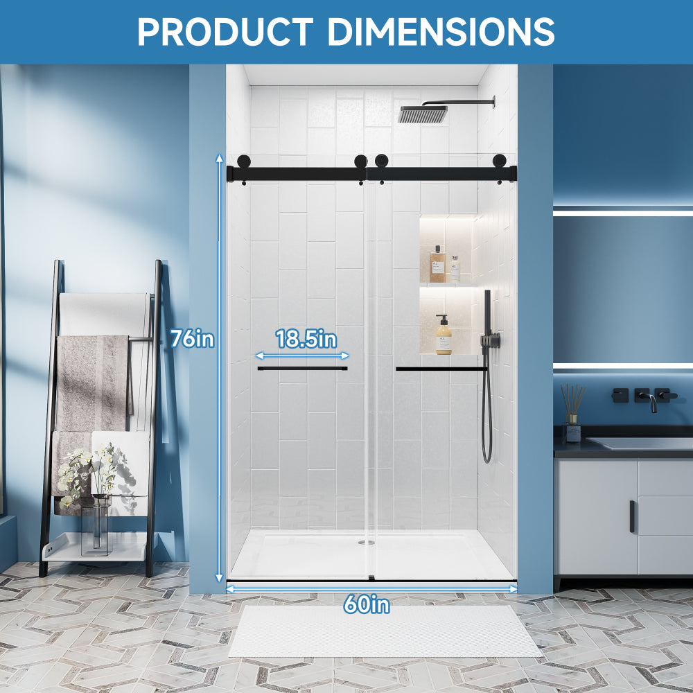 60" W x 76" H Frameless Double Sliding Shower Door, Soft-Close Matte Black Shower Screen, 5/16" (8mm) Clear Nano-Coated Tempered Glass, Dual Stainless Steel Door Handles