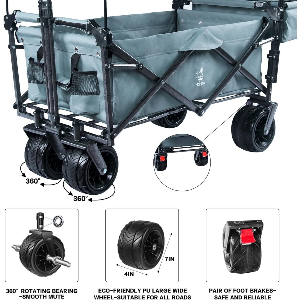 Collapsible Wagon 140L Wagons Carts Foldable with Removable Canopy, Folding Wagon Cart with Wheels for All-Terrain with Brake, Foldable Wagon with Cooler Bag, for Camping Beach Shopping