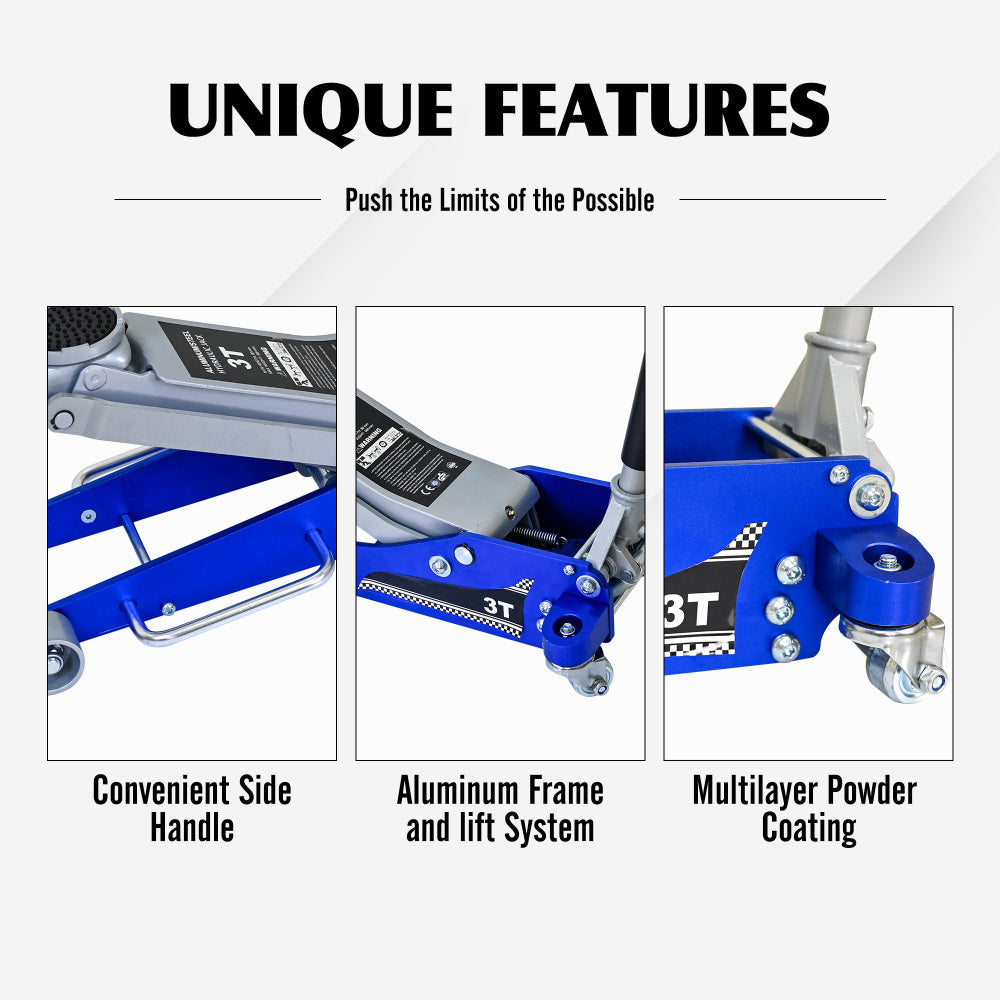 3T Aluminum Iron Horizontal Jack/Hydraulic Trolley Service/Floor Jack with Extra Saddle (Fits: SUVs and Extended Height Trucks): 3 Ton (6,600 lb) Capacity, Blue&Silver