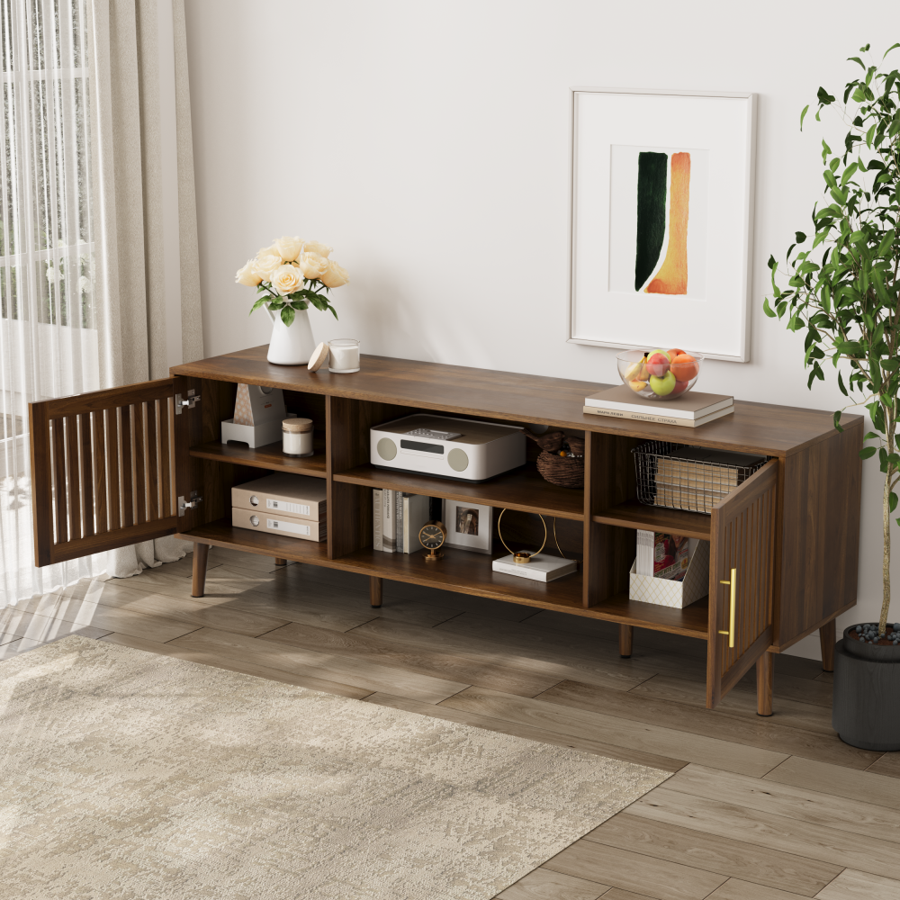 63 inch TV stand with 2 grille door cabinets and adjustable storage rack, suitable for medieval modern TV cabinets with 55/65/70 inch TVs, entertainment center with storage space, walnut wood