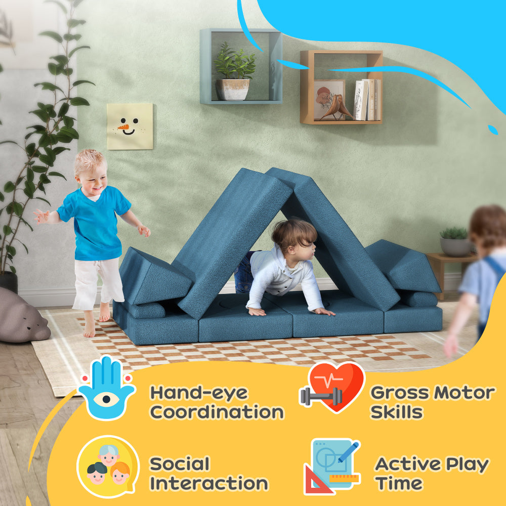 Qaba 12 Pcs Kids Modular Couch, Toddlers Couch Child Sectional Sofa, Playroom Bedroom Furniture for Boys and Girls, Blue