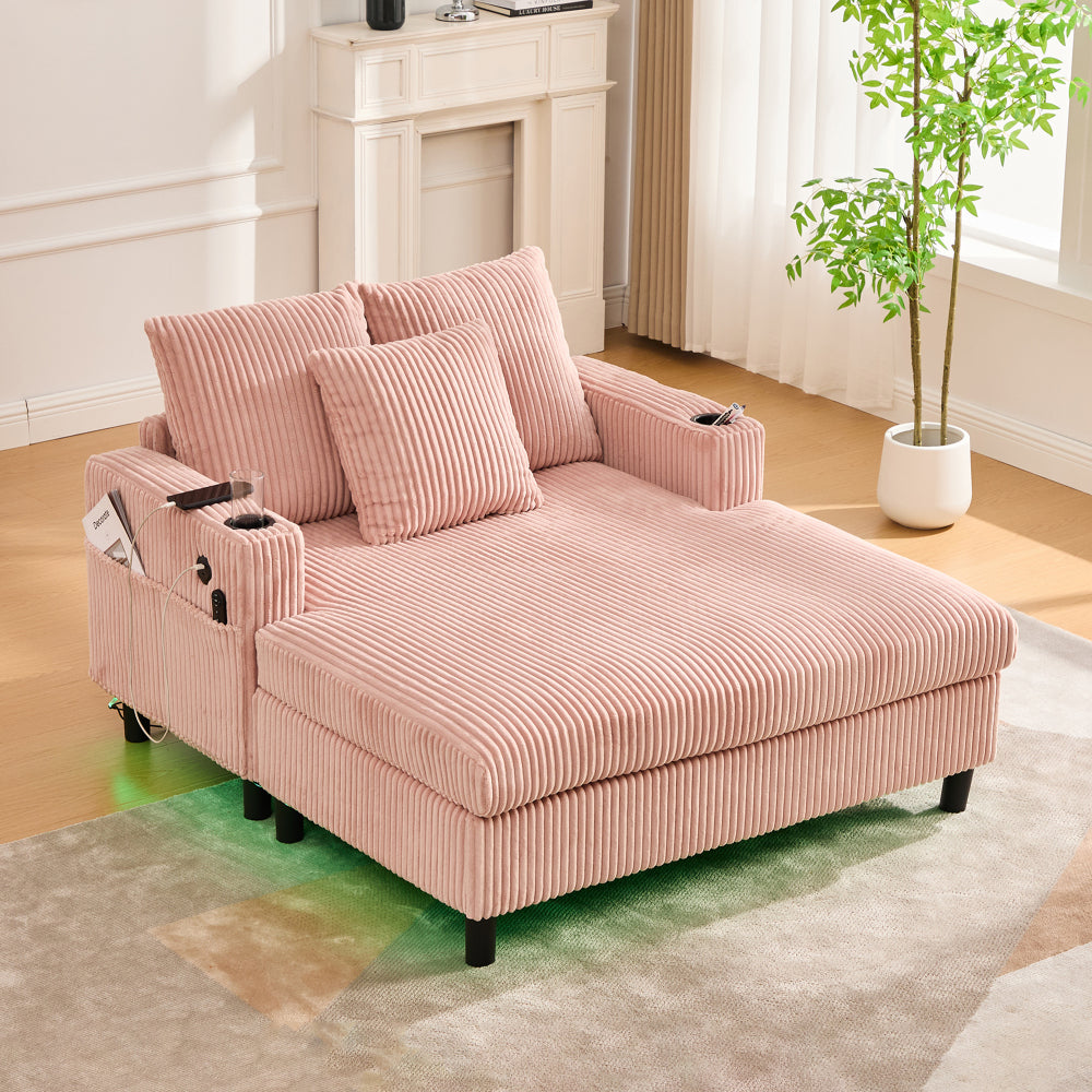 UNITED WE WIN Modern Corduroy Oversized Recliner Sofa with Deep Seat, 3 Pillows, USB Charging, RGB LED Light Strip, Cup Holder, Side Pocket - Suitable for Living Room and Bedroom