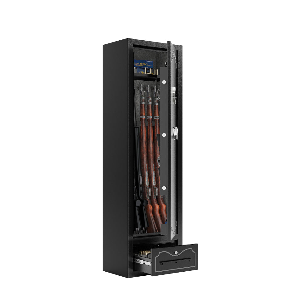 8 - Gun Capacity Rifle Safe. Holds Rifles, Pistols, Shotguns. Digital Lock for Quick Access. Removable Shelf. Special Gun Rack for Scoped Rifles. Plus, a Handy Storage Drawer