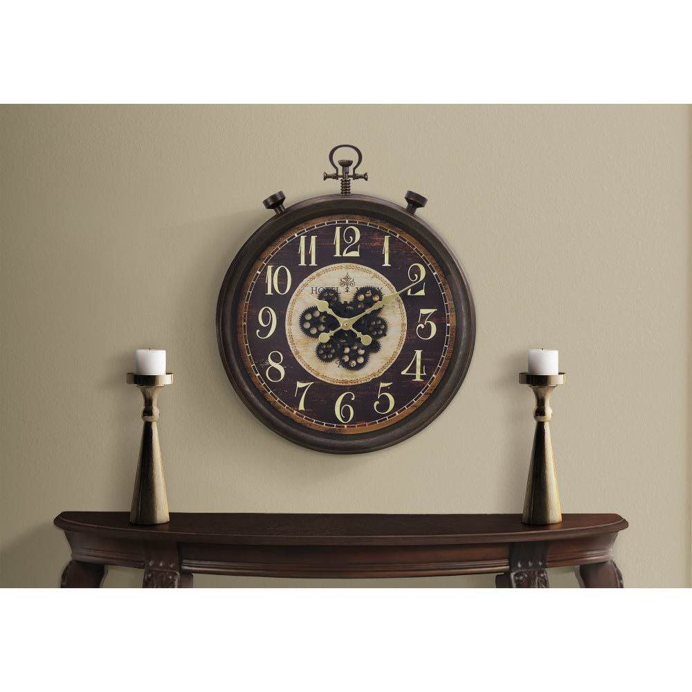 Clocks, 24" Round, Gear Mechanism, Wall Clock, Brown, Traditional