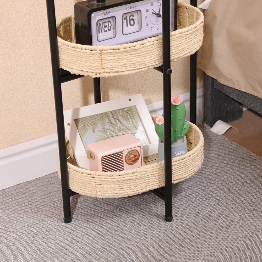 3 Tiers Tray Tables Paper Rope Woven Side Table for Living Room Kitchen Oval Storage Basket Small Shelves (Natural)