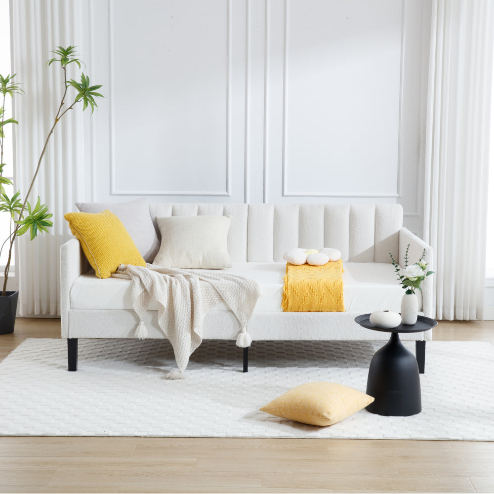 Elena Twin Size Ivory Boucle Upholstered Daybed, Ribbed Tufted Backrest, Daybed in Lavish Modern Design, Richly Hued Foam Comfort