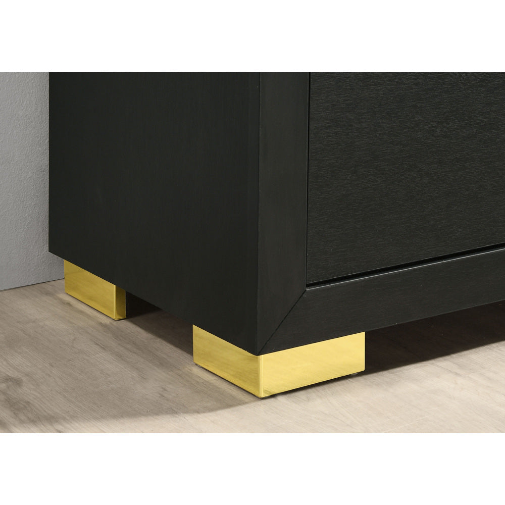 Contemporary Style 3pc Bedroom Set Queen Size Bed And 2x Nightstands Black Wood Gold Accent Legs