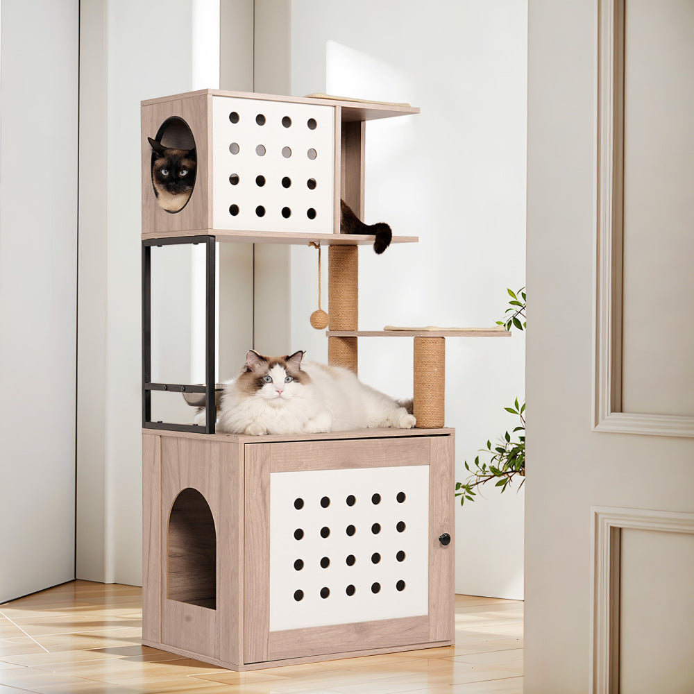 Cat Tree with Litter Box Enclosure, All-in-one Cat Tower for Indoor Cats with Large Hammock, Bed, Food Station, Scratching Posts, Modern Style Pet Furniture, Gray+white