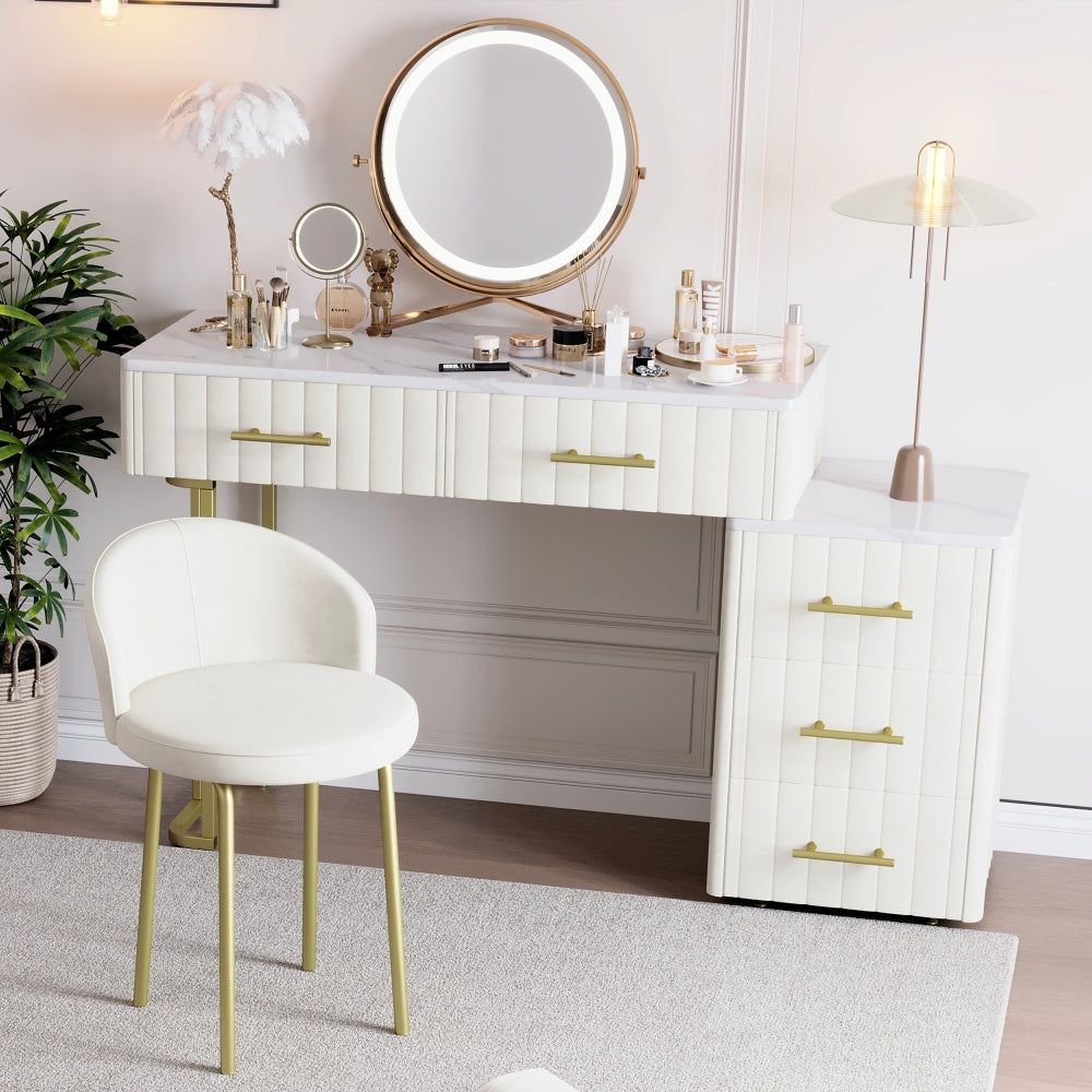 Velvet Upholstered Vanity Desk with Chair, Vanity Set with 5 Big Drawers, Makeup Table with Padded Chair, Marble-Look Sticker Top Dressing Table with Left/Right Adjustable Storage, Beige