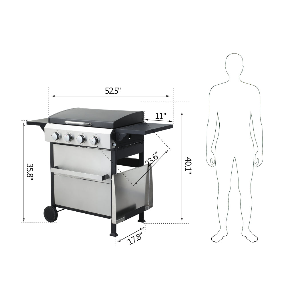 4-Burner Propane Gas BBQ Grill, SS Plancha, 49200BTU Output With Wire Enamel Cooking Grids For Outdoor Barbecue, Foldable Side Table, Hanging Basket, Stainless Steel