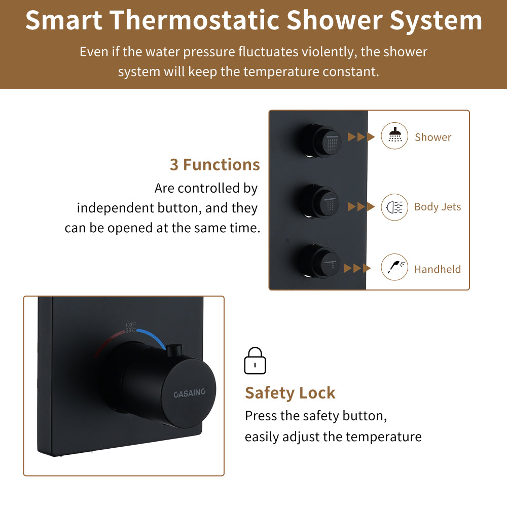 3 Functions 12 Inch Ceiling Mounted Thermostatic Shower System in Matte Black