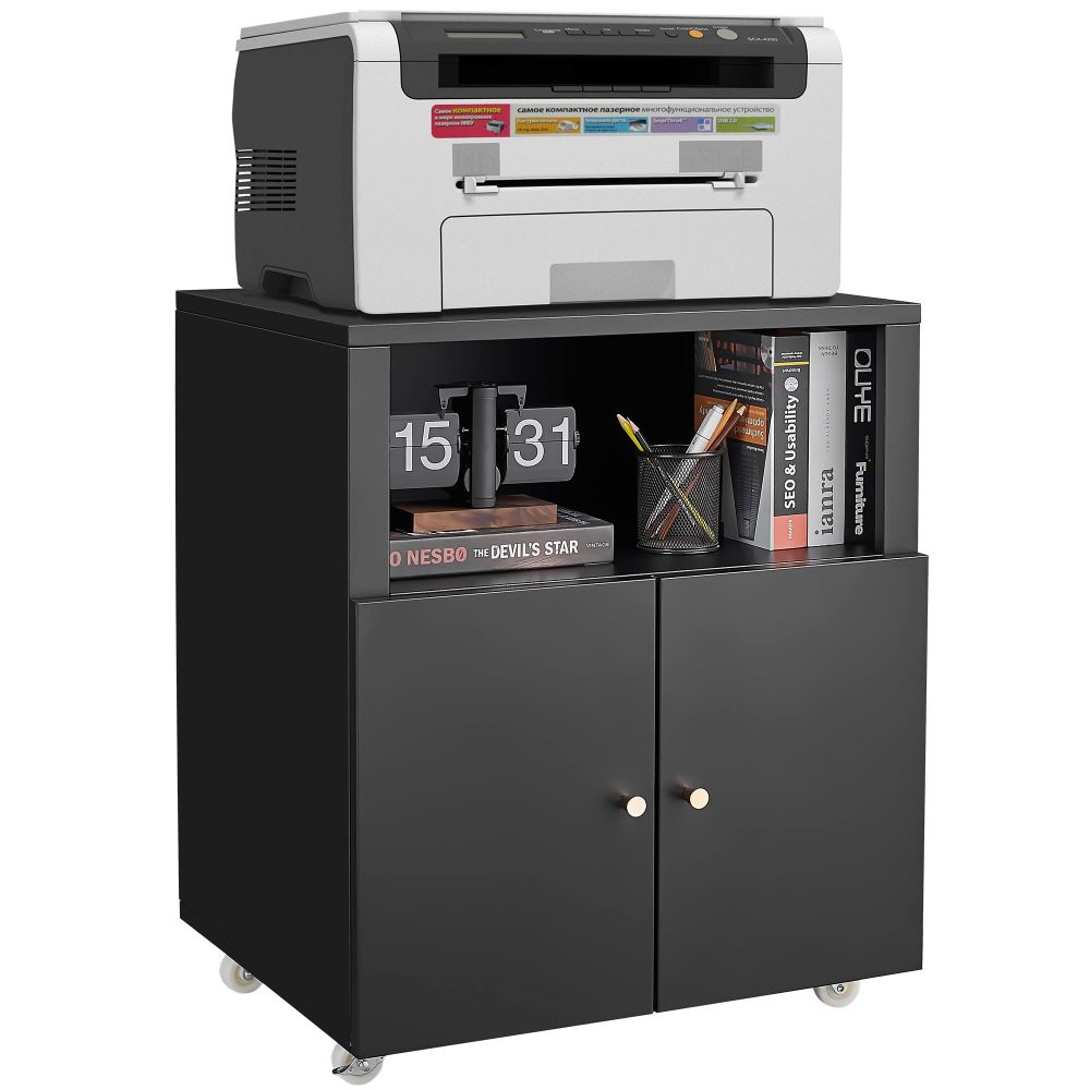 Black Metal Double-Door Printer Cabinet - 360° Lockable Casters, Crafted From Steel, Adjustable Shelves, Waterproof And Not Easy To Wear, Modern Design For Office, Home, Garage.