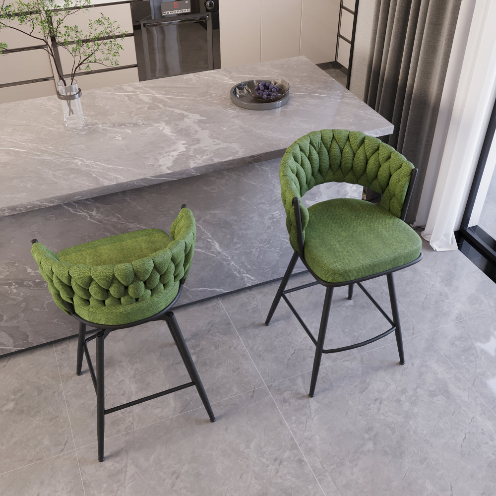 26" Bar Chair Linen Woven Bar Stool Set of 2,Black legs Barstools No Adjustable Kitchen Island Chairs,360 Swivel Bar Stools Upholstered Bar Chair Counter Stool Arm Chairs with Back Footrest (Green)