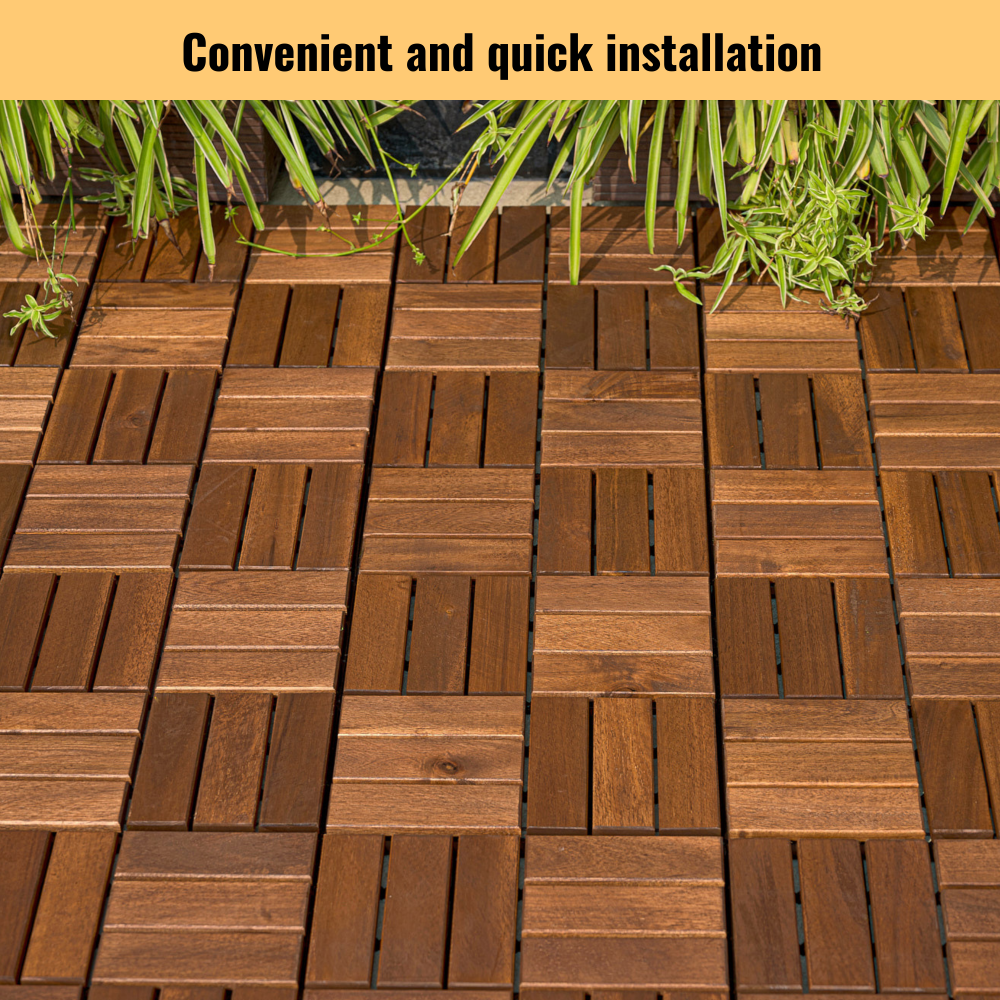 Acacia Wood Interlocking Deck Tiles Checker Pattern, 10PCS 12" x 12" Square Brown Acacia Hardwood Outdoor Flooring for Patio, Bancony, Pool Side,...