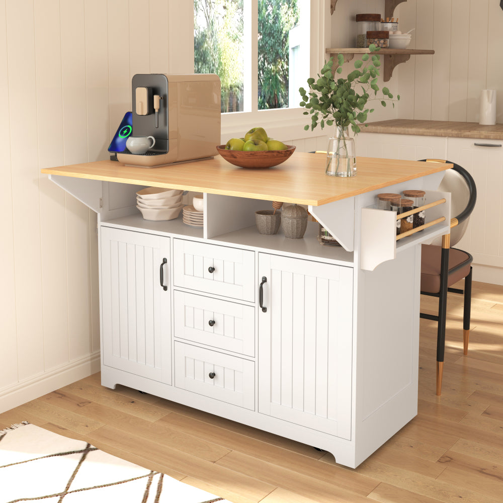K&K 55.7'' Large Kitchen Island with 2 Drop Leaf,, Rolling Kitchen Cart on 5 Wheels with Power Outlet, Folding Storage Dining Table with Spice & Towel Rack , 3 Drawers, for Kitchen, Dining Room,Black