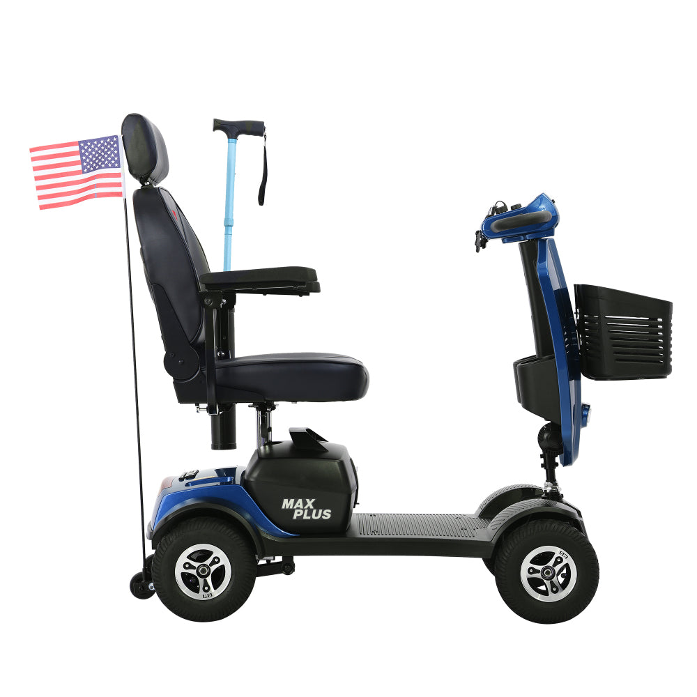 MAX PLUS BLUE 4 Wheels Outdoor Compact Mobility Scooter with Rear Basket,16 Miles, Cup Holders & USB charger Port